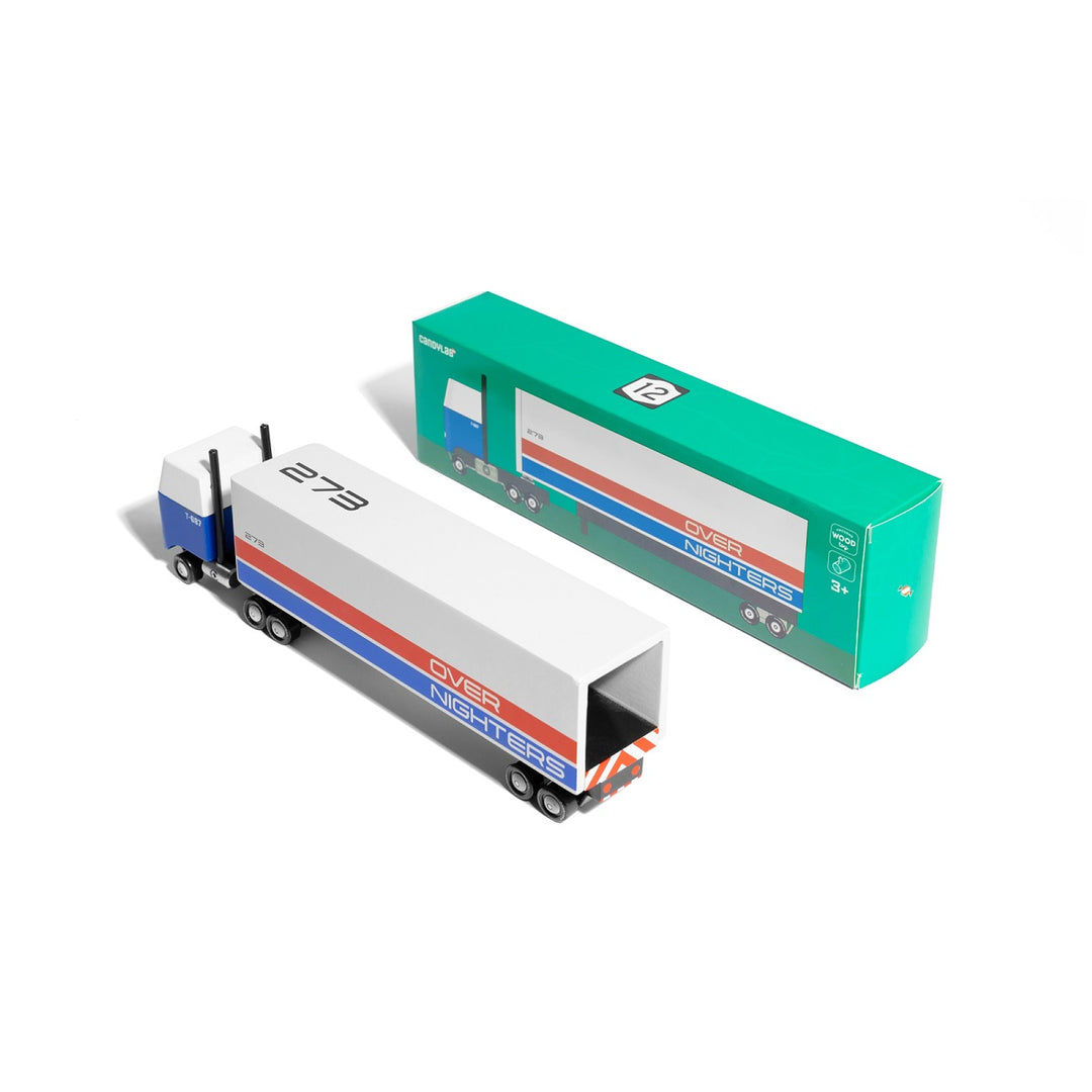 Camion remorque Overnighters bleu, rouge et blanc avec sa boîte