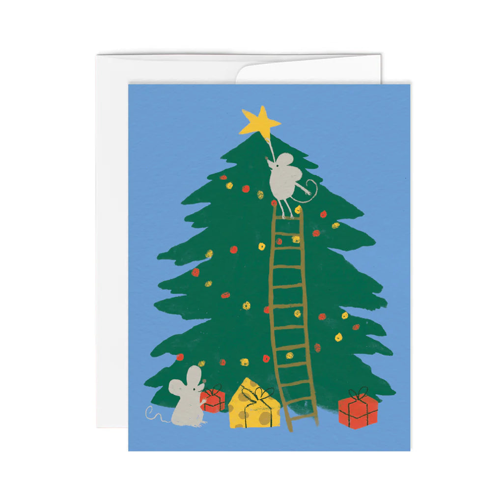 Carte de souhaits illustrée Souris sous le sapin