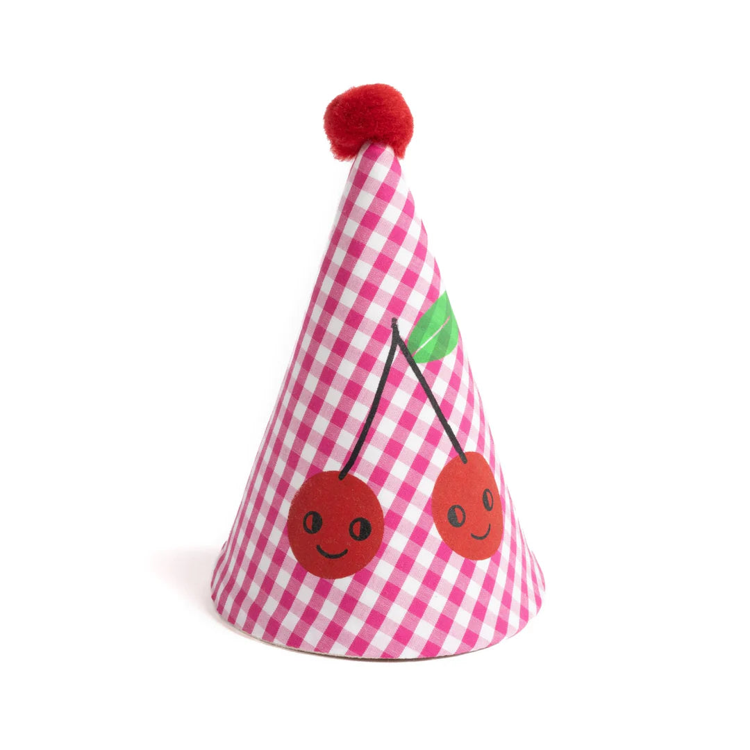 Chapeau de fête en tissu aux carreaux rouges et cerises sérigraphiées