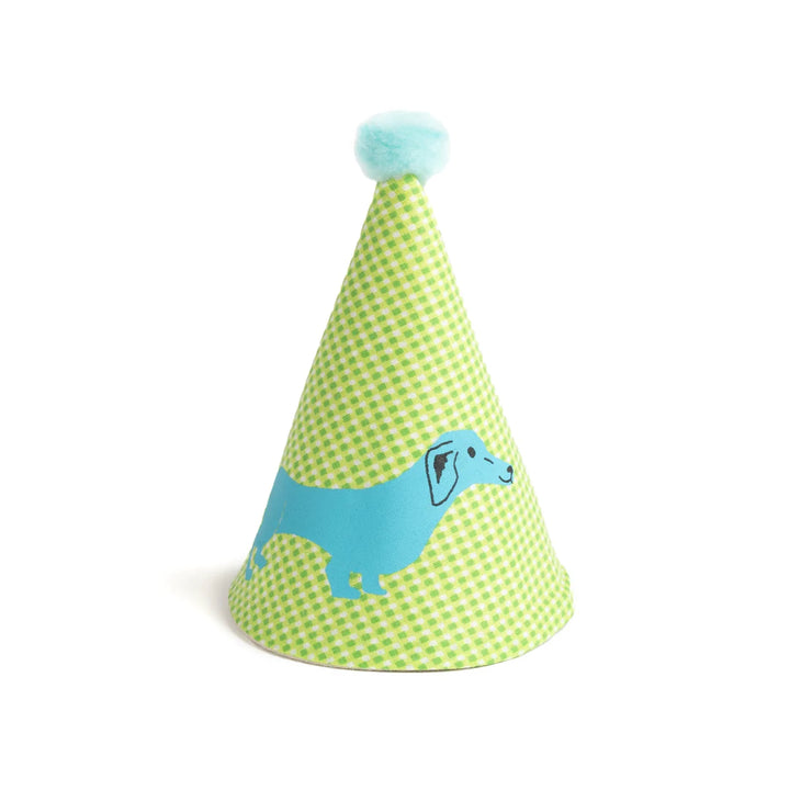 Chapeau de fête en tissu aux carreaux verts et chien saucisse sérigraphié