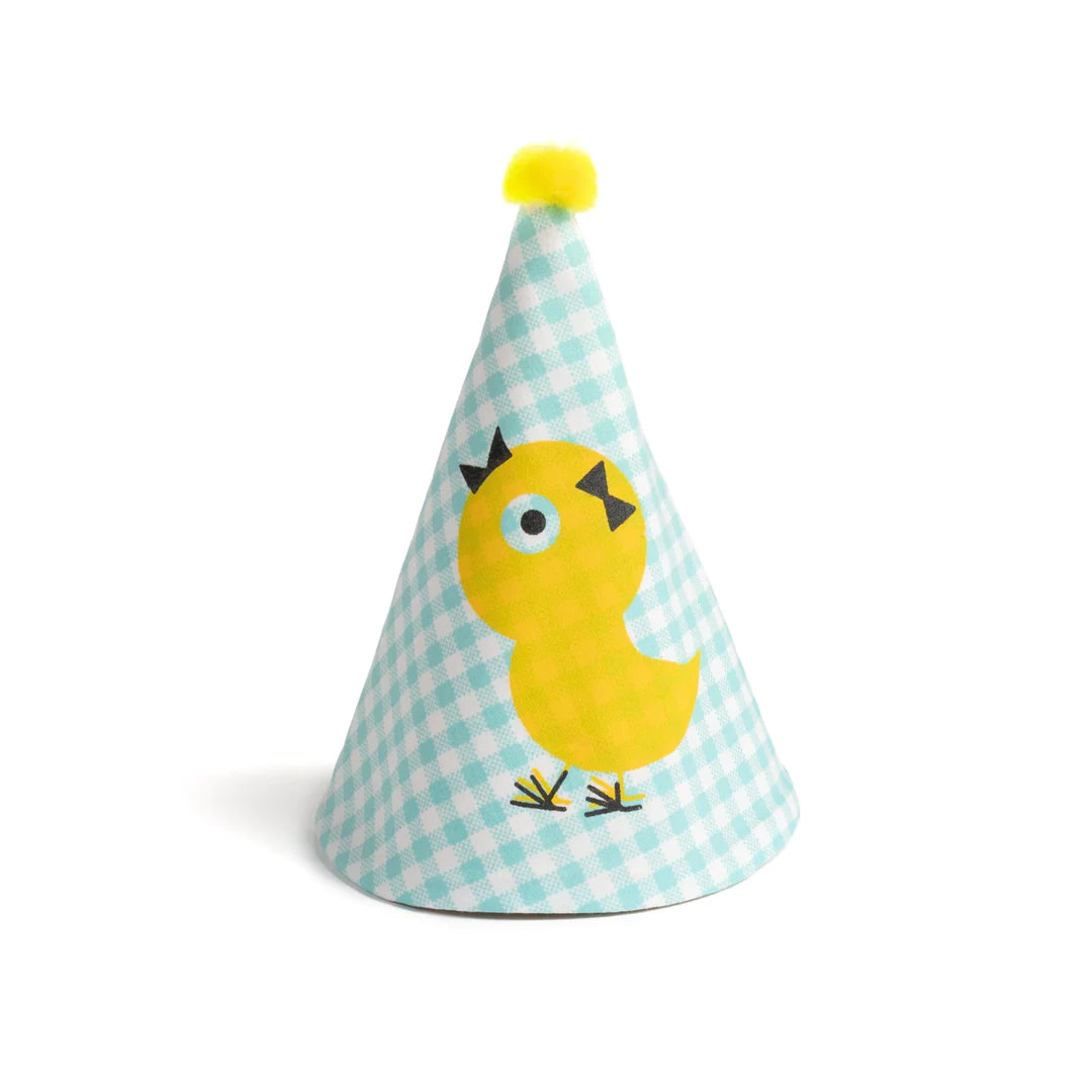 Chapeau de fête en tissu aux carreaux bleus et poussin sérigraphié