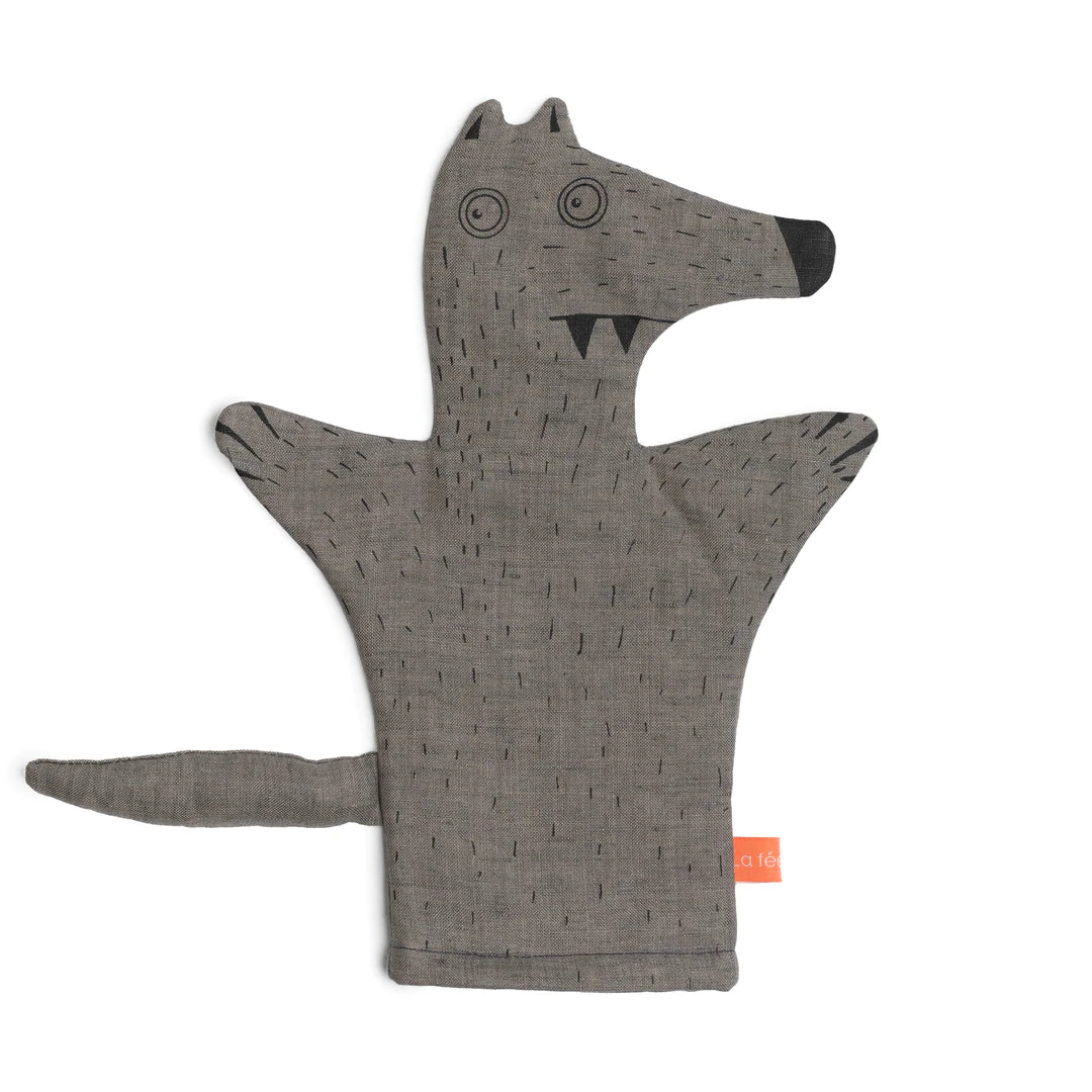Marionnette le loup Michel Loulouvain en coton gris