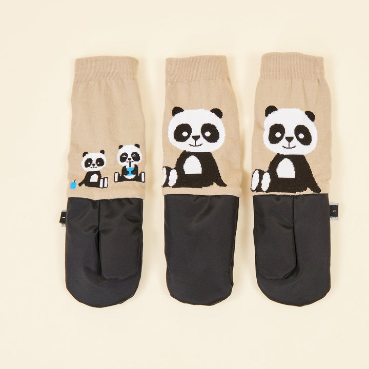 Mitaines en nylon et coton beige avec pandas