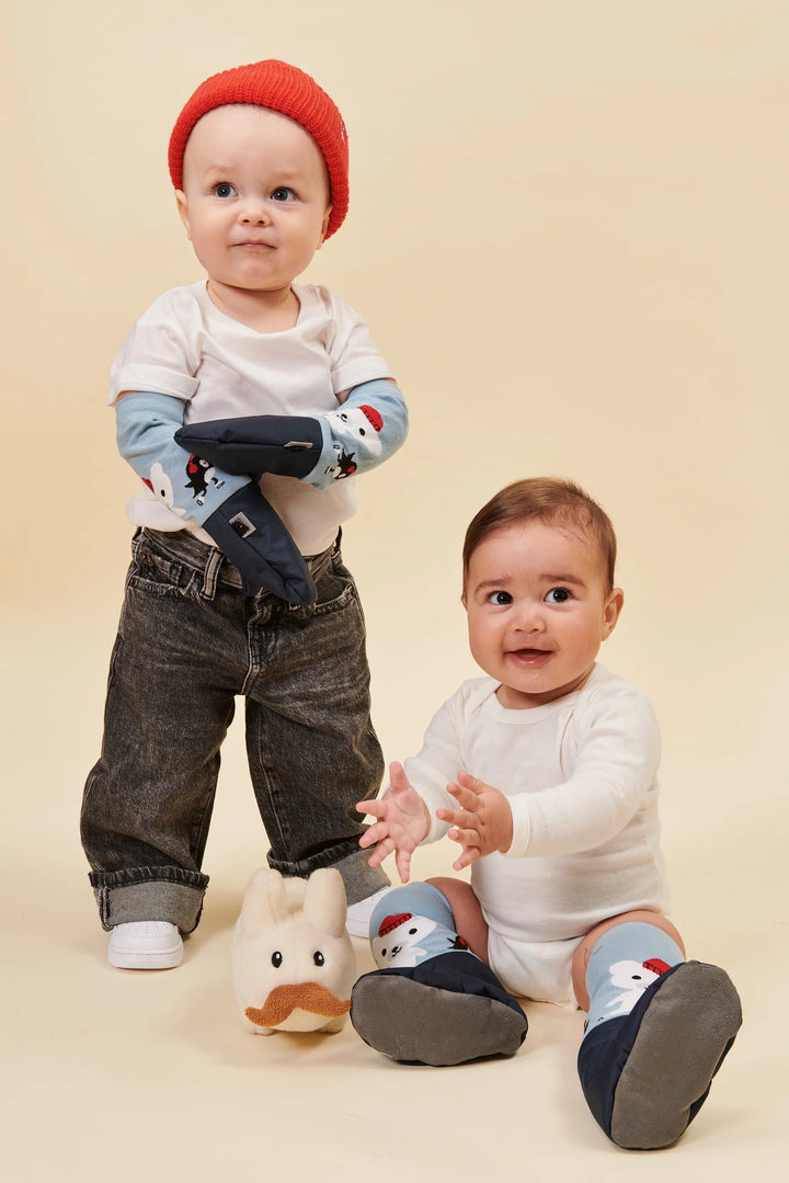 Enfants avec Mitaines en nylon et coton bleu avec ours et pingouins
