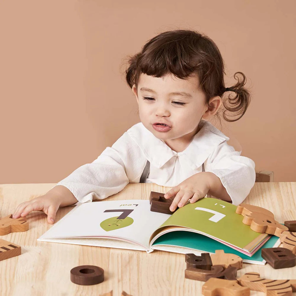 Enfant qui joue avec an Alphabet book et des blocks alphabet