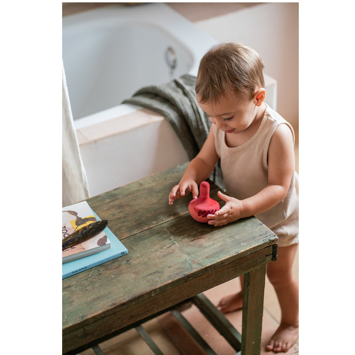 Enfant avec Jouet pour enfant Oiseau rose en bois