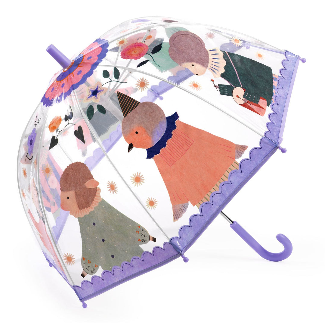 Parapluie en plastique transparent illustré avec des animaux musiciens