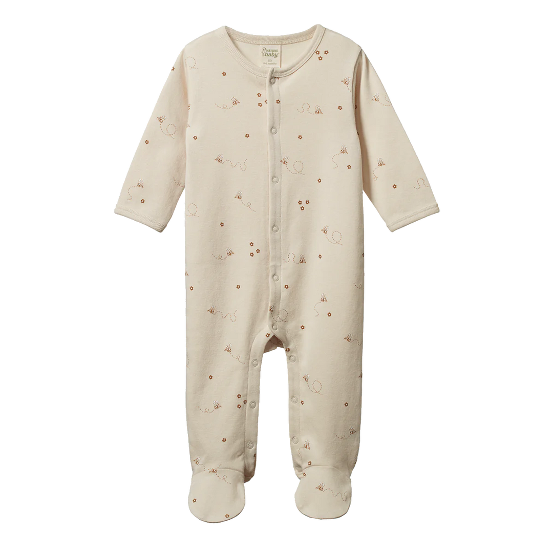 Pyjama à  pattes pour bébé en coton beige avec imprimé bourdons