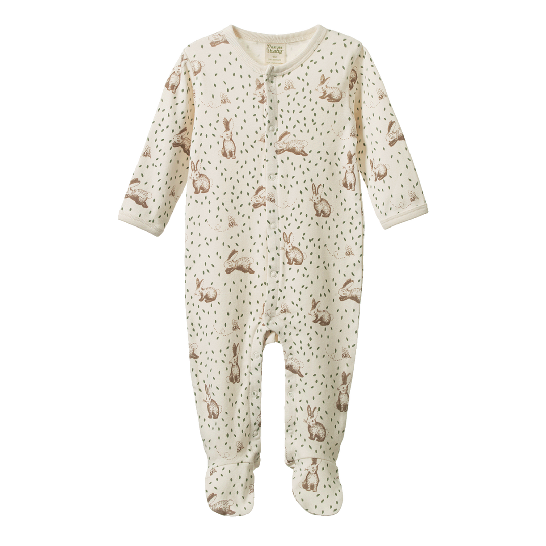 Pyjama à pattes en coton beige avec imprimé lapins