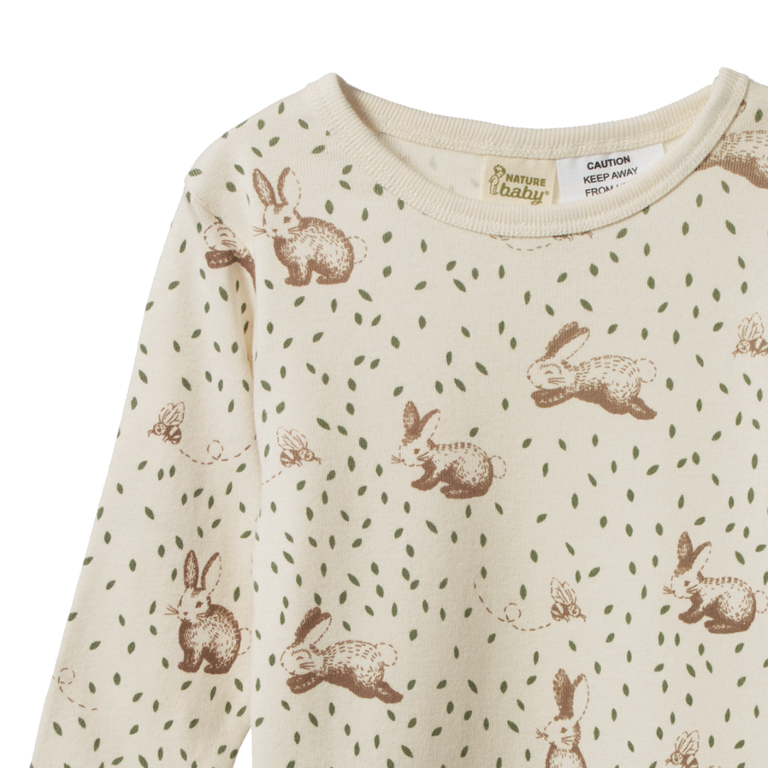 Pyjama manches longues en coton beige avec imprimé lapins