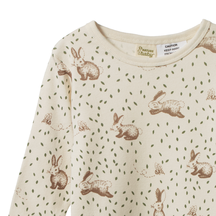 Pyjama manches longues en coton beige avec imprimé lapins
