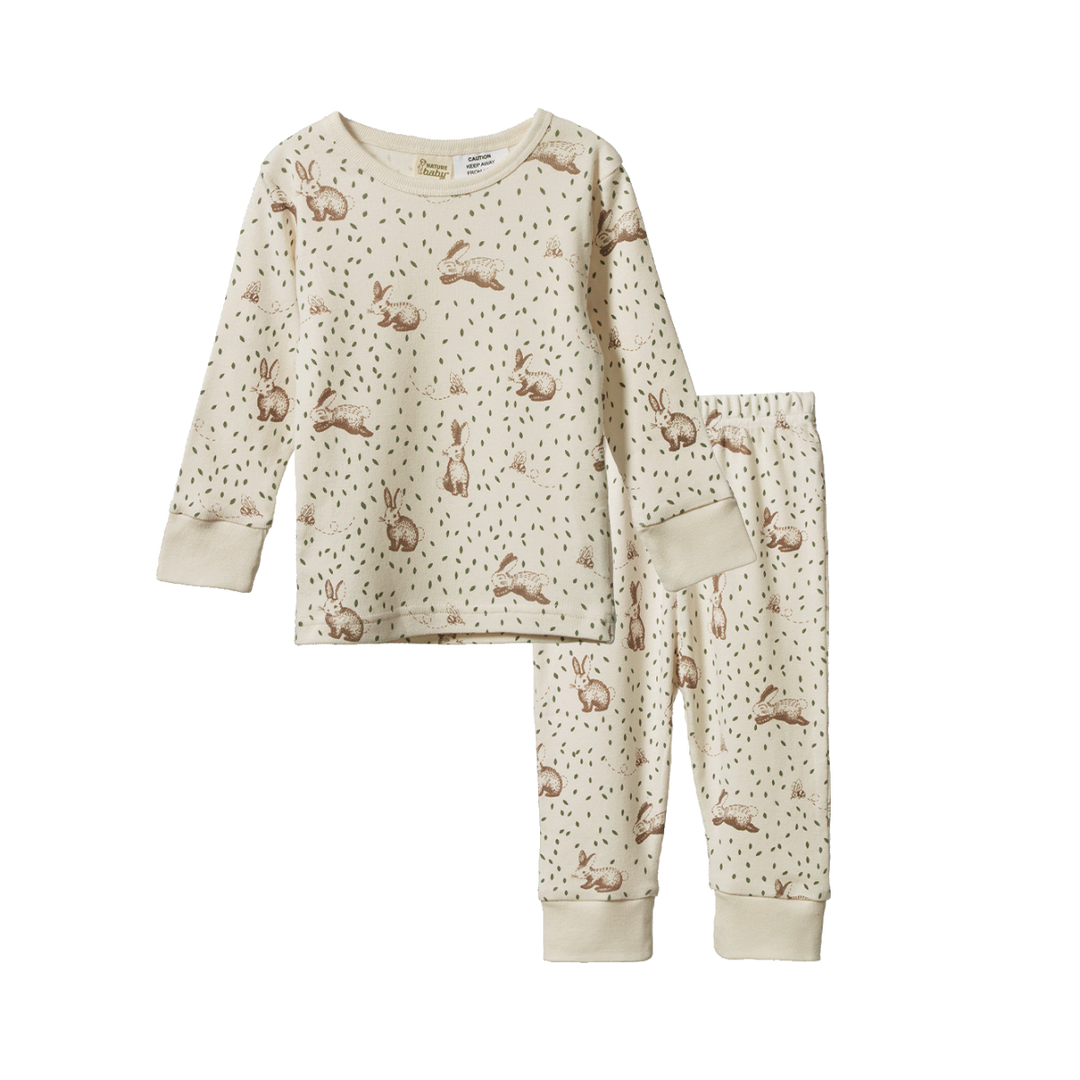 Pyjama manches longues en coton beige avec imprimé lapins