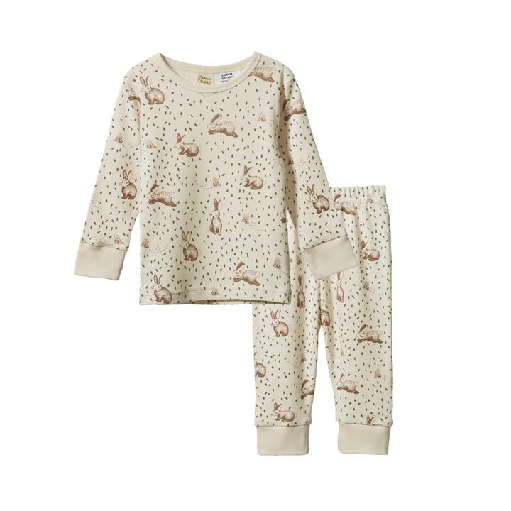 Pyjama manches longues en coton beige avec imprimé lapins