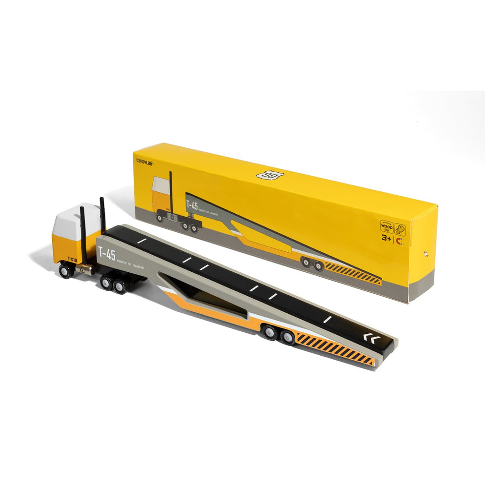 Transporteur et boîte de voitures magnétique jaune, gris et blanc