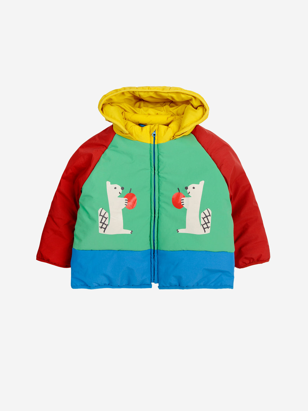 Veste à capuche vert, bleu rouge et jaune avec imprimé écureuil