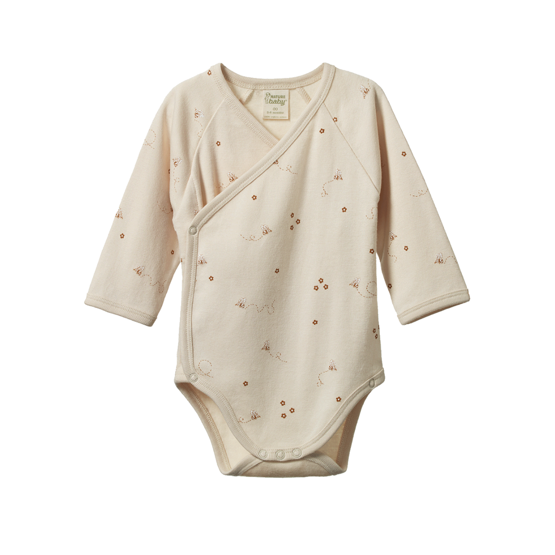 Body Kimono manches longues en coton beige avec imprimé bourdons