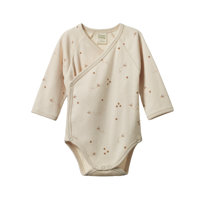 Body Kimono manches longues en coton beige avec imprimé bourdons