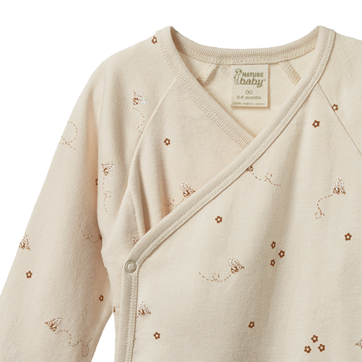 Body Kimono manches longues en coton beige avec imprimé bourdons