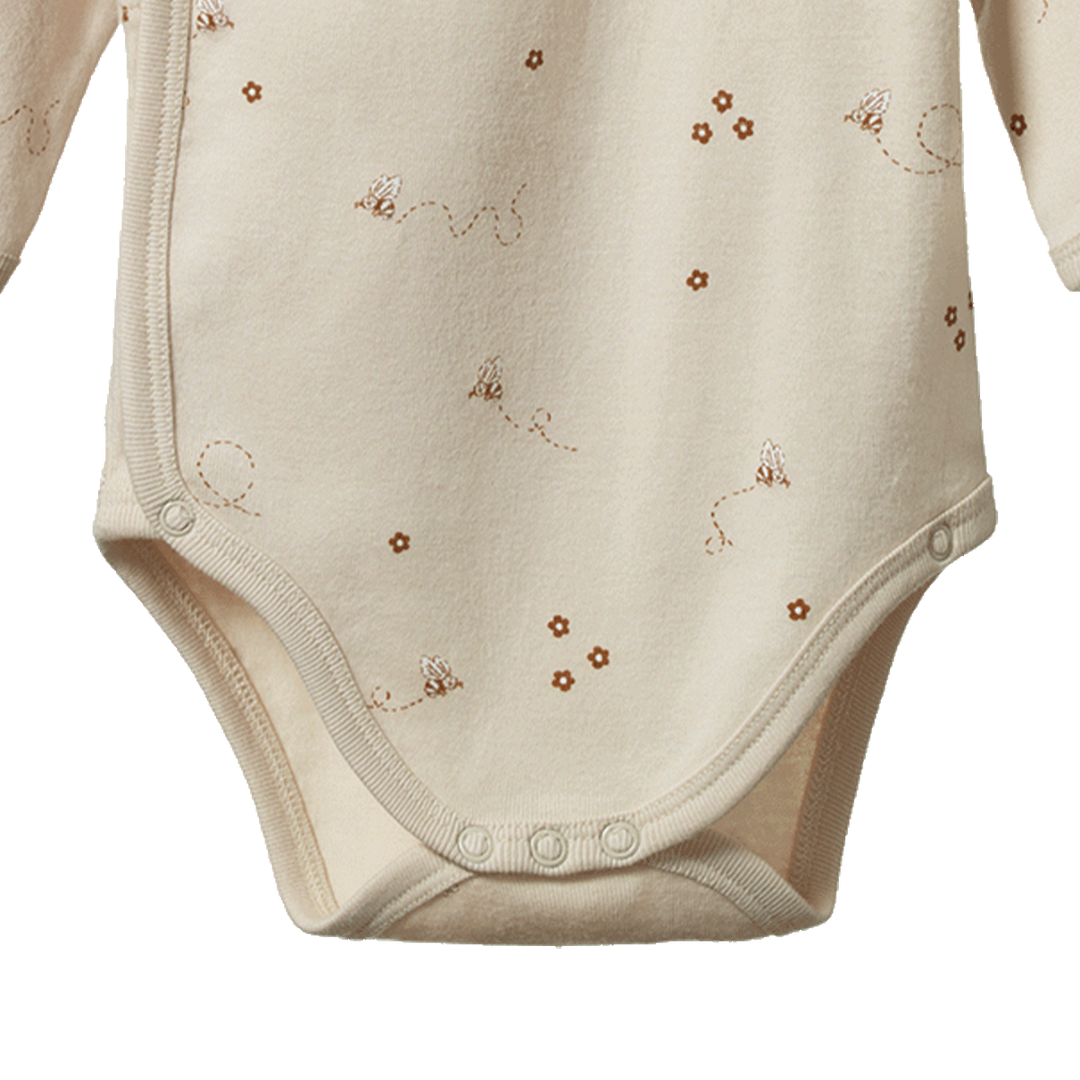 Détail de Body Kimono manches longues en coton beige avec imprimé bourdons