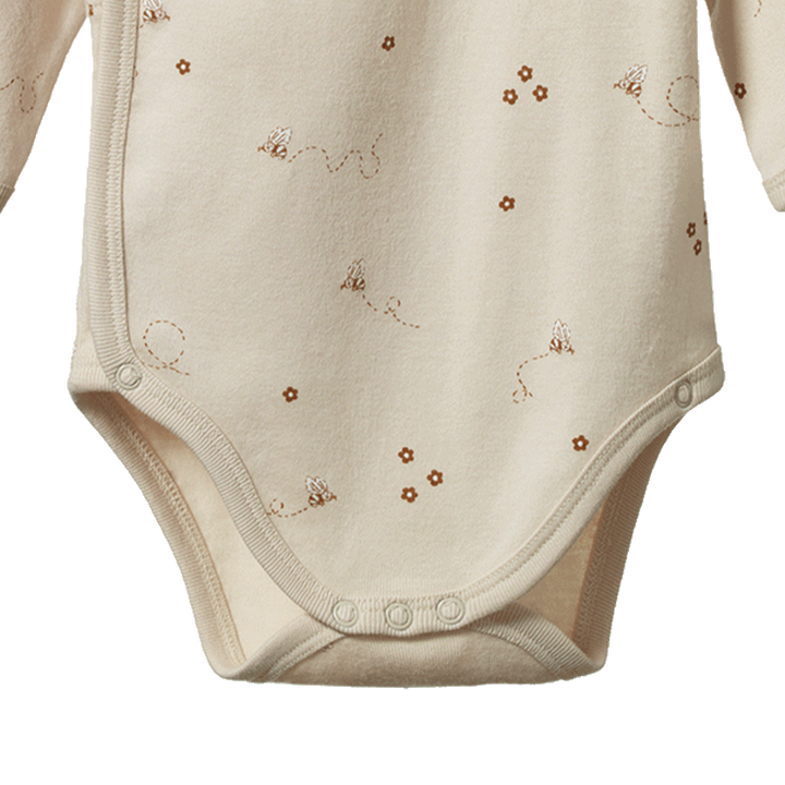 Détail de Body Kimono manches longues en coton beige avec imprimé bourdons