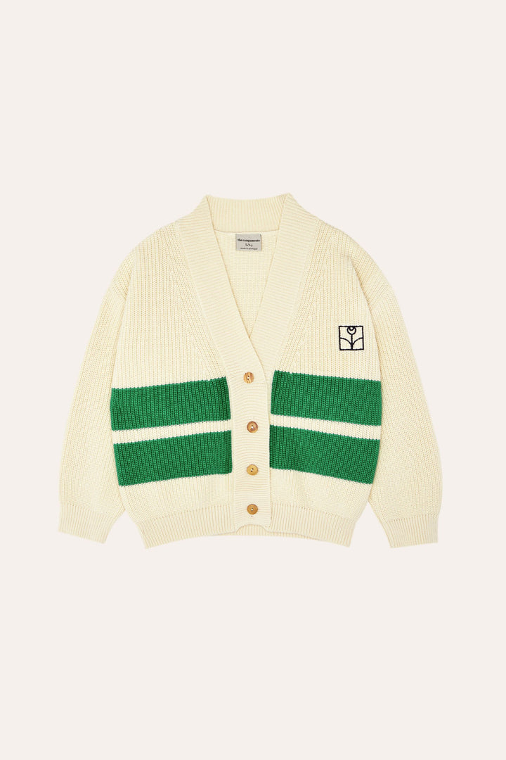 Cardigan 100% coton biologique écru tricoté avec des rayures vertes