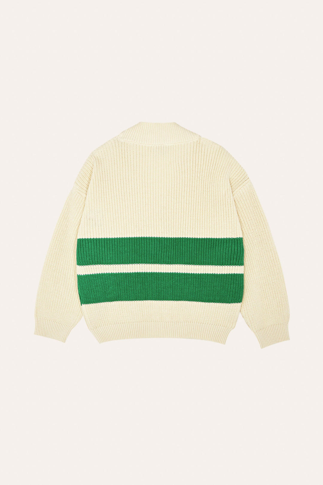 Cardigan 100% coton biologique écru tricoté avec des rayures vertes