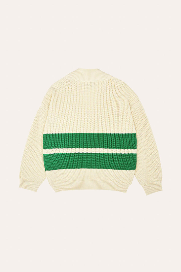 Cardigan 100% coton biologique écru tricoté avec des rayures vertes