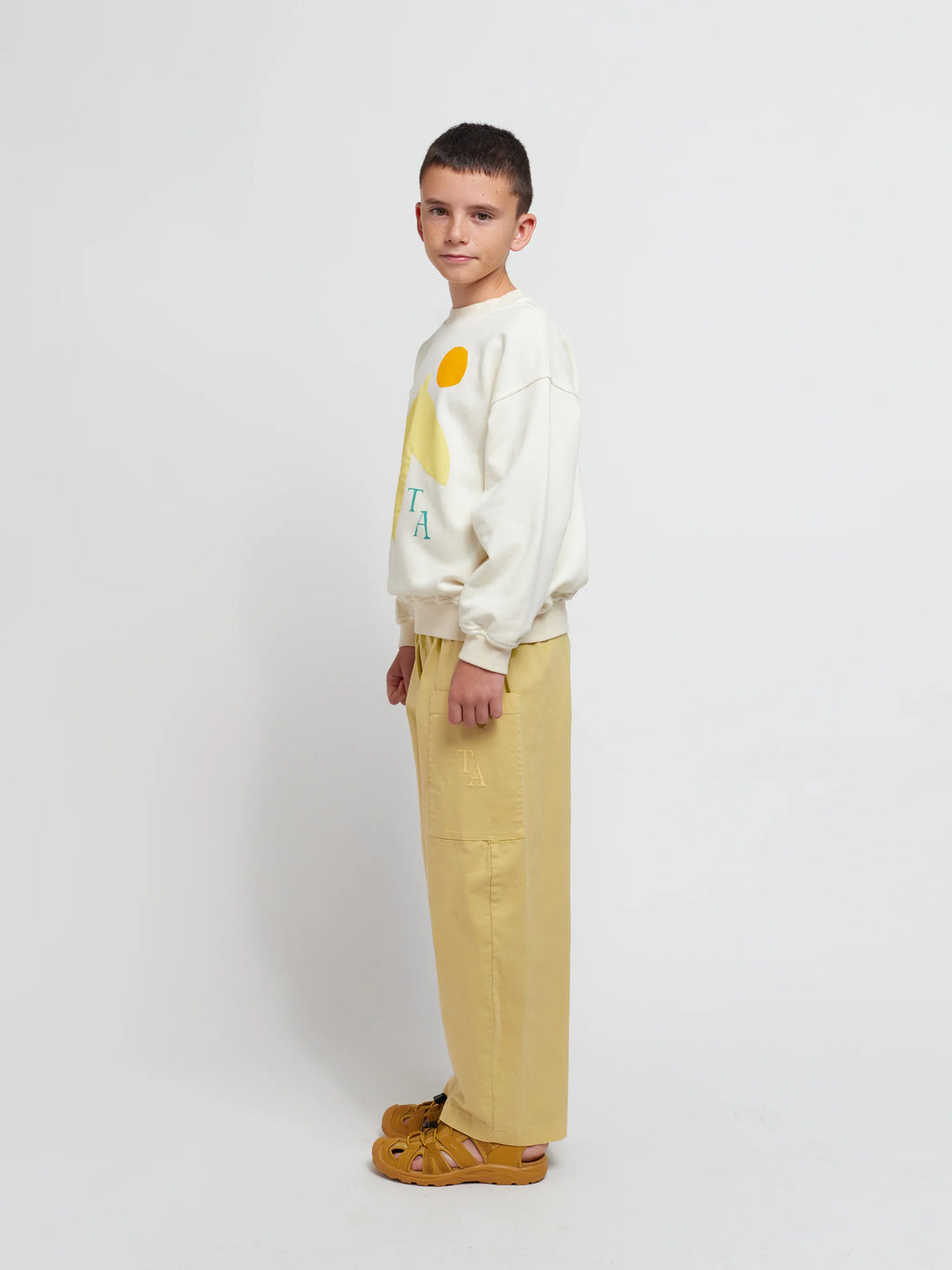 Garçon avec Chandail pour enfant en coton ouaté blanc ivoire avec imprimé oiseau jaune