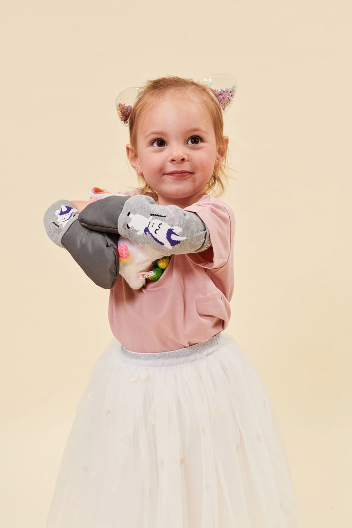 Fille avec Mitaines en nylon et coton gris avec licorne blanche