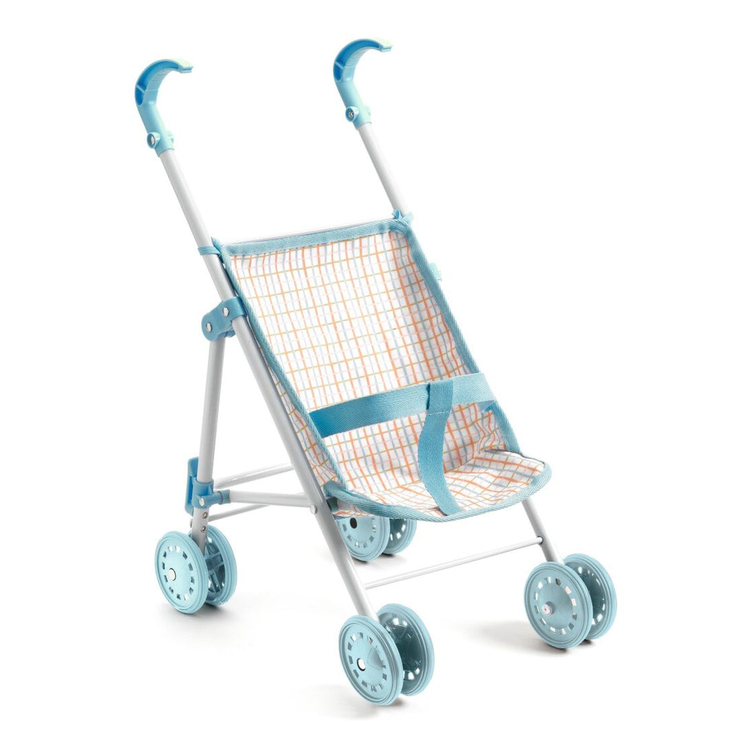 Poussette pour poupée pliable en métal et tissu rayé bleu et orange