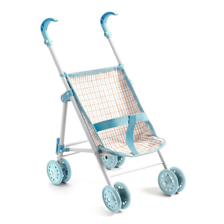 Poussette pour poupée pliable en métal et tissu rayé bleu et orange