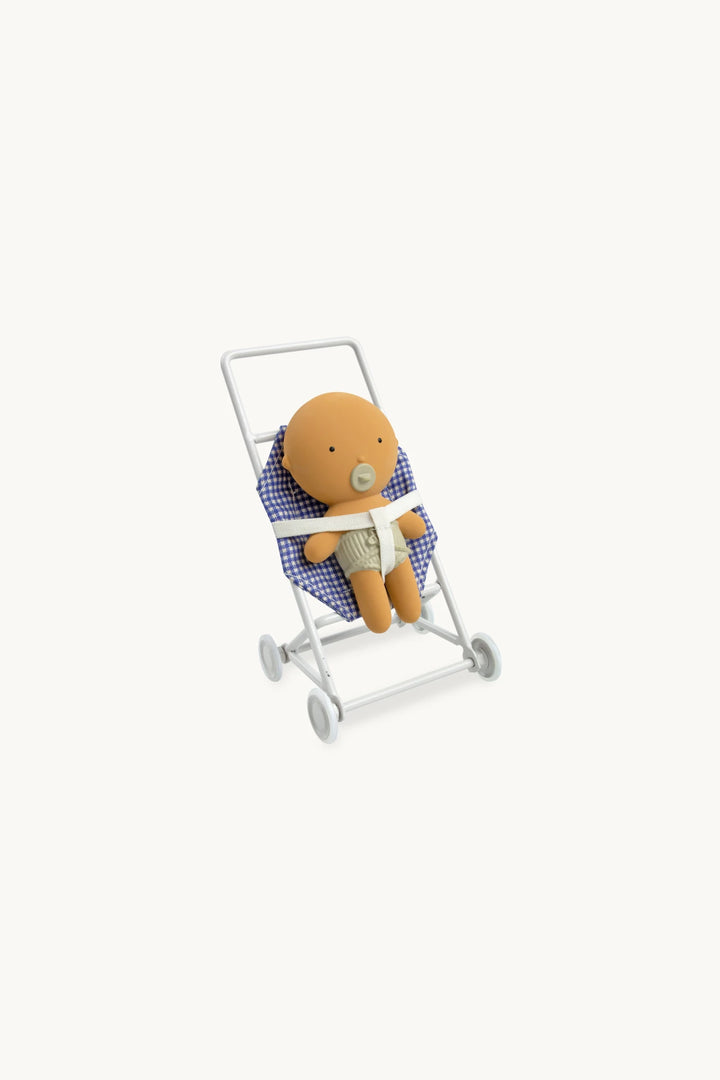 Poussette Gommu en tissu vichy bleu avec bébé Gommu