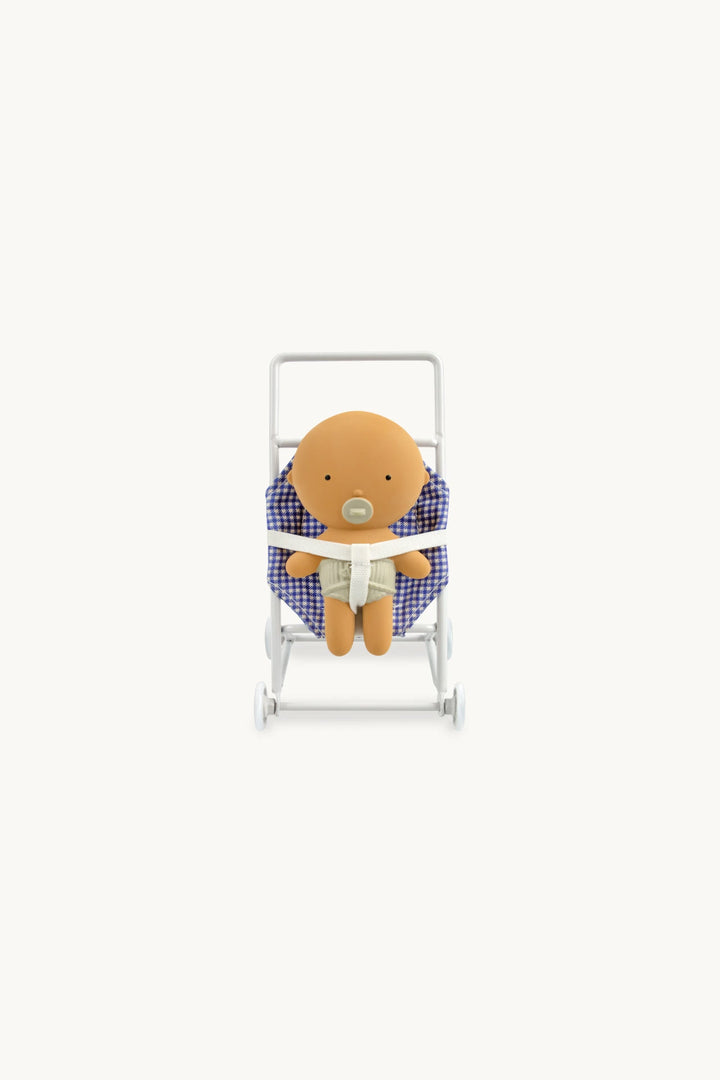Poussette Gommu en tissu vichy bleu avec bébé Gommu