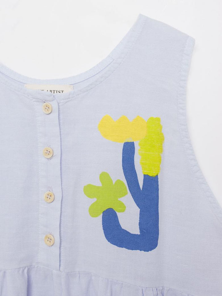 Détail de Robe True Artist en coton lavande sans manches avec imprimé fleurs sur le côté gauche