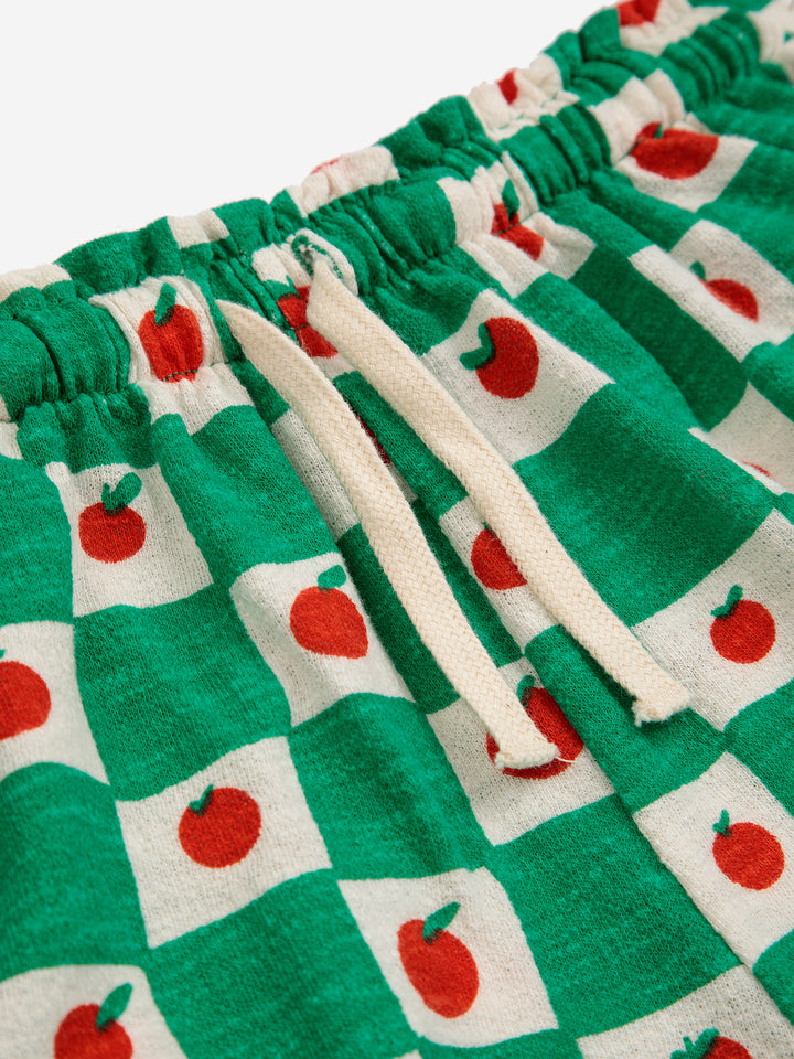 Short pour enfant en coton bio carreaux verts et blancs avec tomates