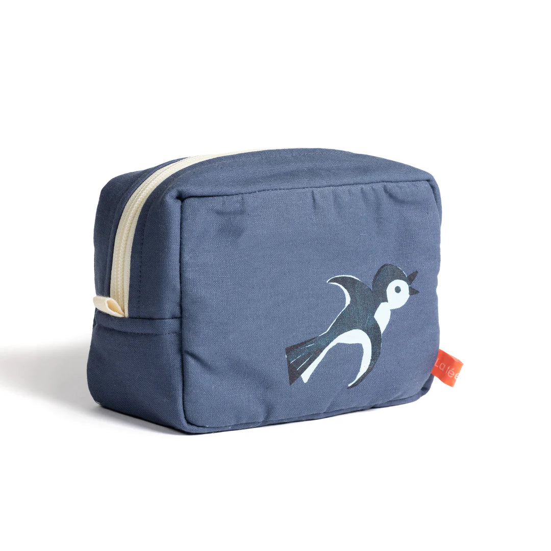 Trousse de toilette en coton et lin bleu avec imprimé hirondelle