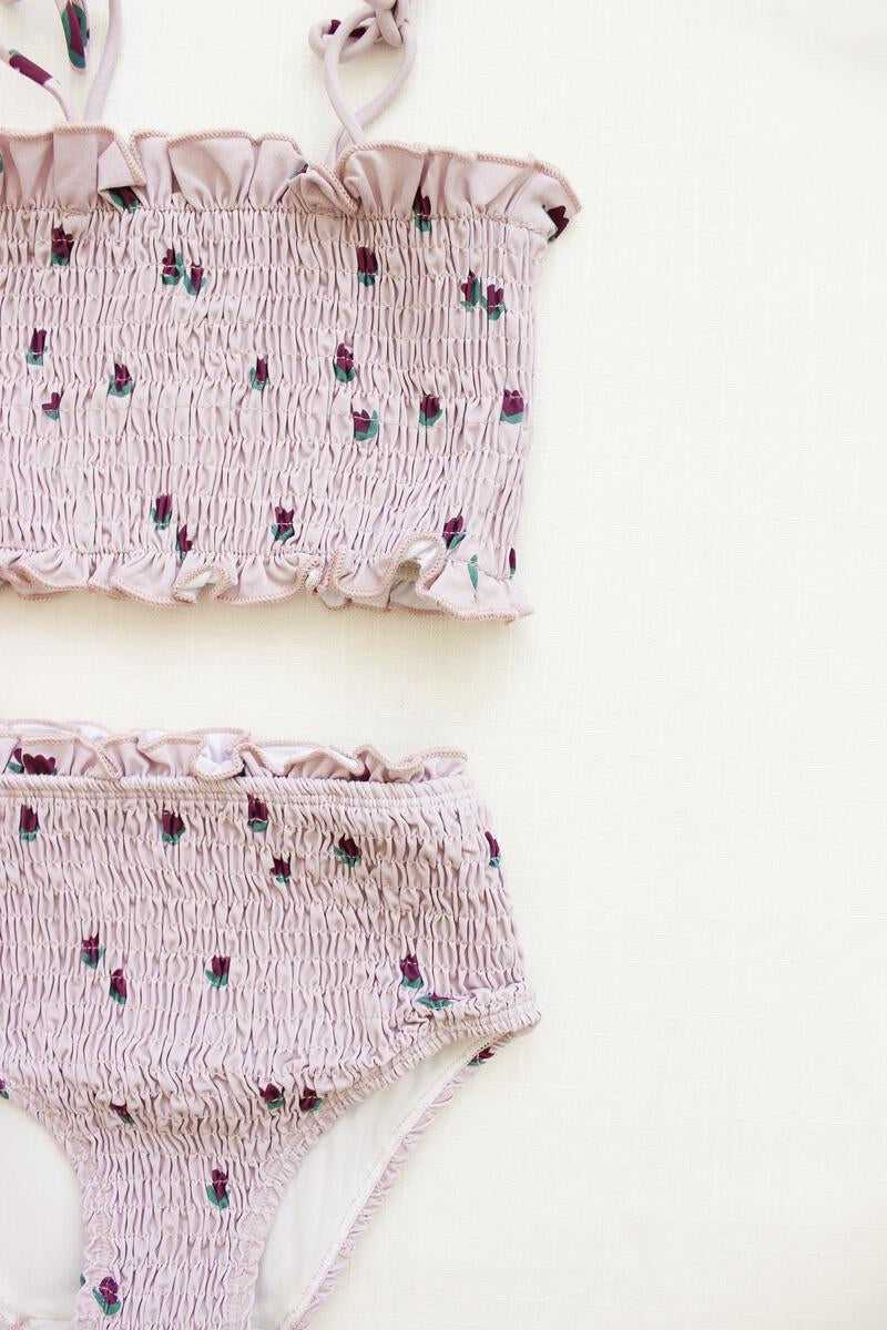 fin & vince ss22 tulips smocked bikini purple lavender close-up