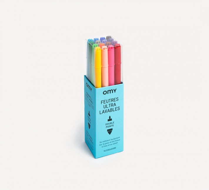 OMY 16 Feutres Ultra-Lavables Double Pointe - Couleurs Éclatantes Boîte Transformable En Pot à Crayons