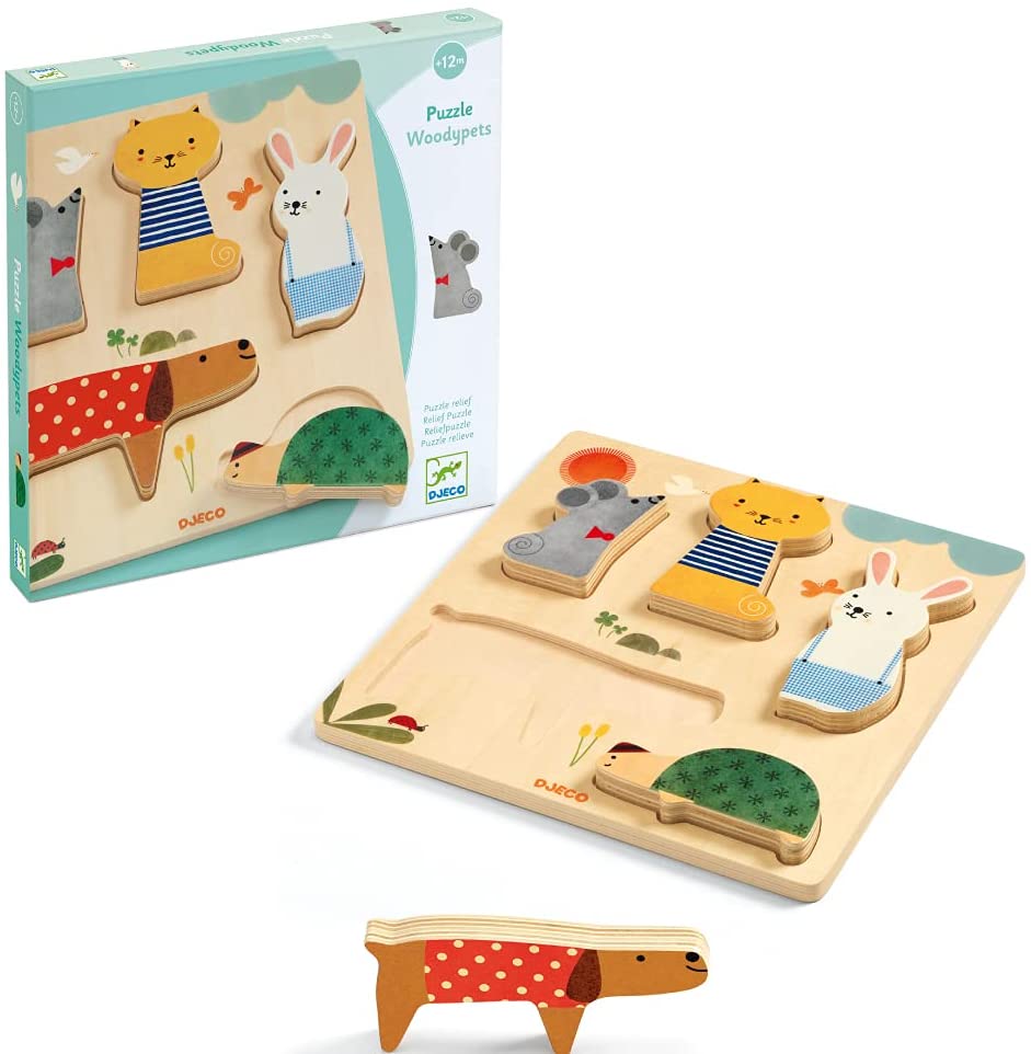 djeco woodypets shape sorting puzzle with animals, casse-tête de formes à encastrer animaux