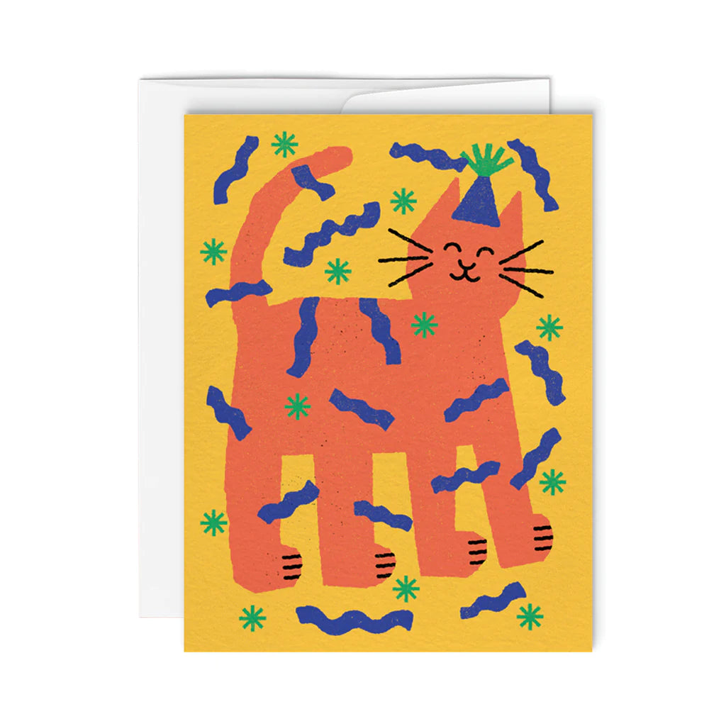 Paperole Carte de souhaits jaune avec minou orange et chapeau bleu