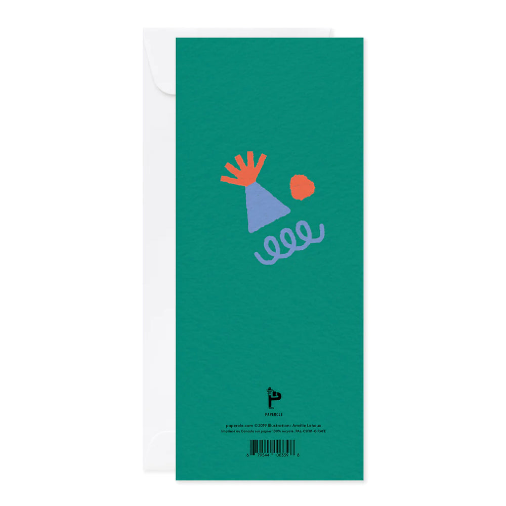 Verso de Paperole Carte de souhaits verte avec Girafe jaune et chapeau de fête bleu