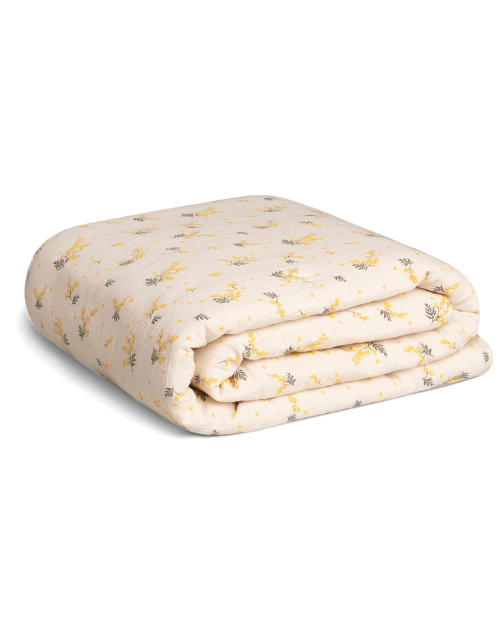 Couette en mousseline beige avec jeune Mimosa