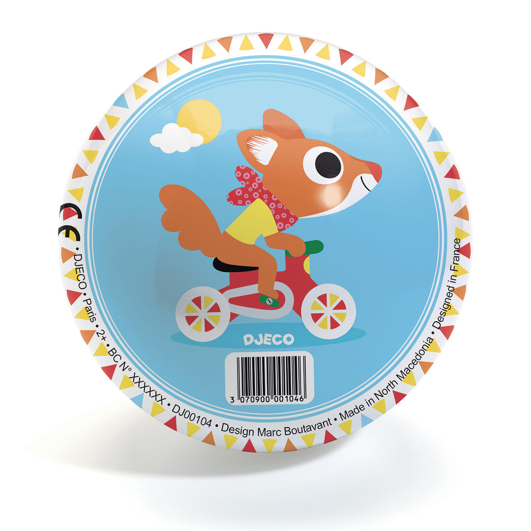 djeco 12cm light blue ball with racing fox ''Cute Race'' ballon bleu avec imprimé coloré