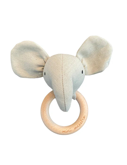 Bébé avec Mini Maestro Hochet éléphant en bois et tissu lin gris
