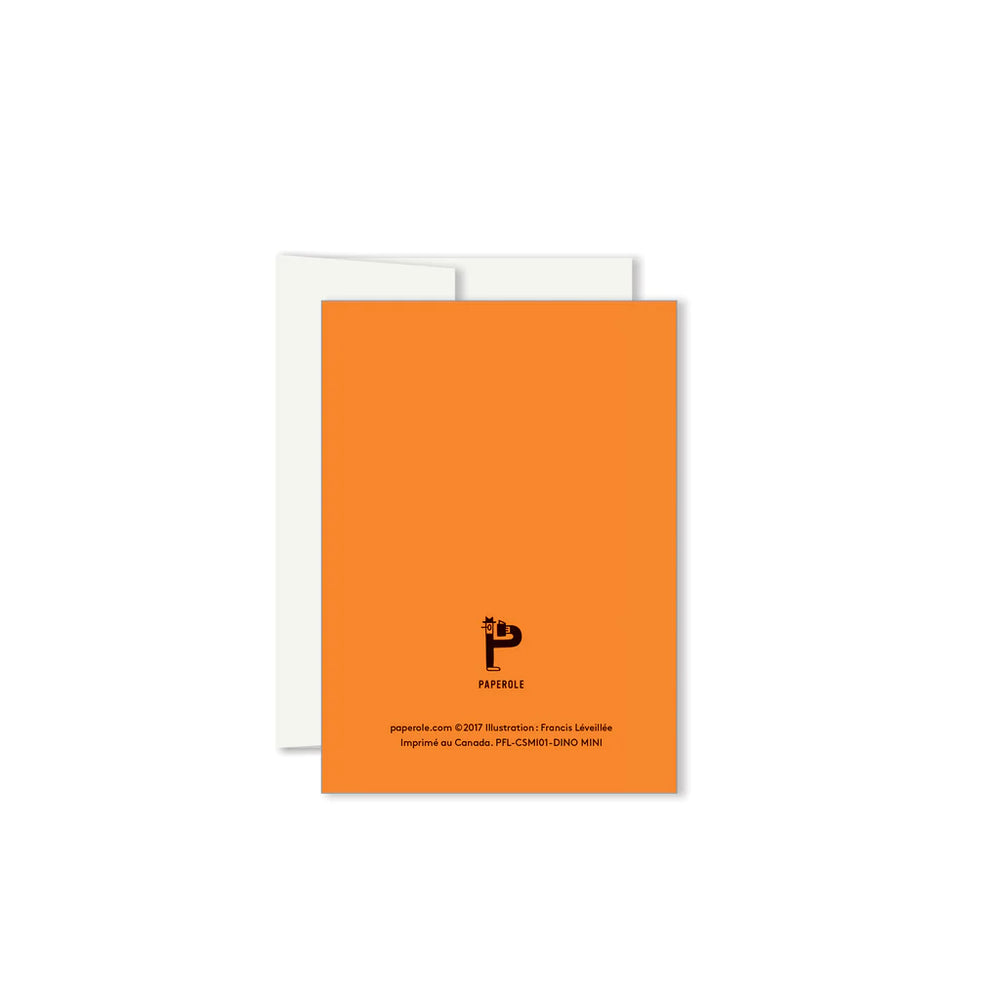 Verso de Paperole Mini carte de souhaits orange avec Dinosaure Jaune avec chapeau de fêtes