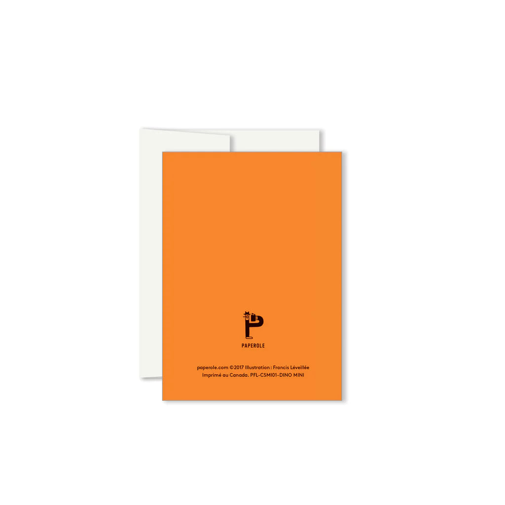 Verso de Paperole Mini carte de souhaits orange avec Dinosaure Jaune avec chapeau de fêtes