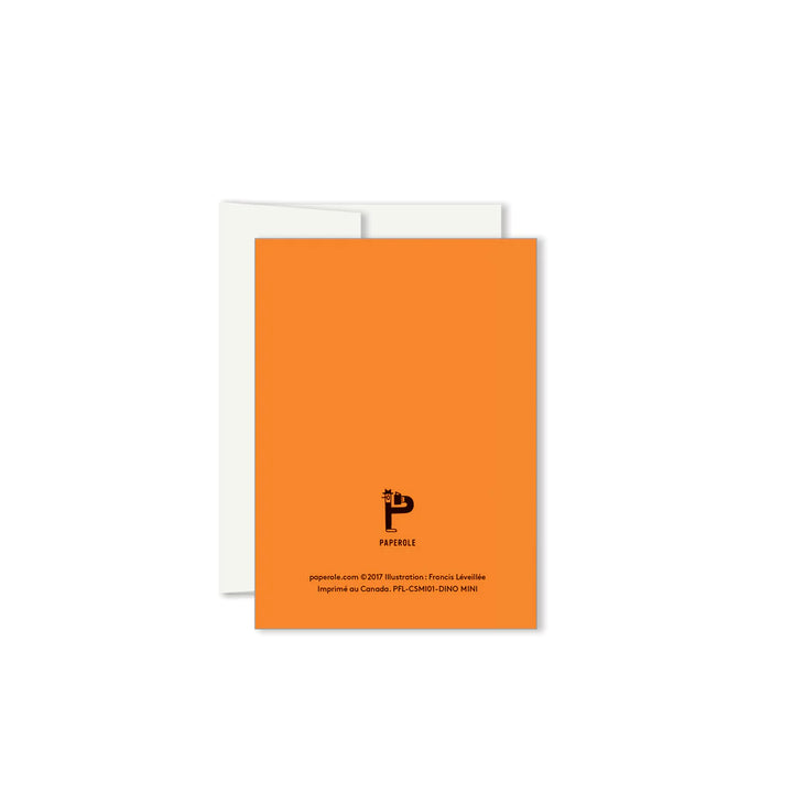 Verso de Paperole Mini carte de souhaits orange avec Dinosaure Jaune avec chapeau de fêtes