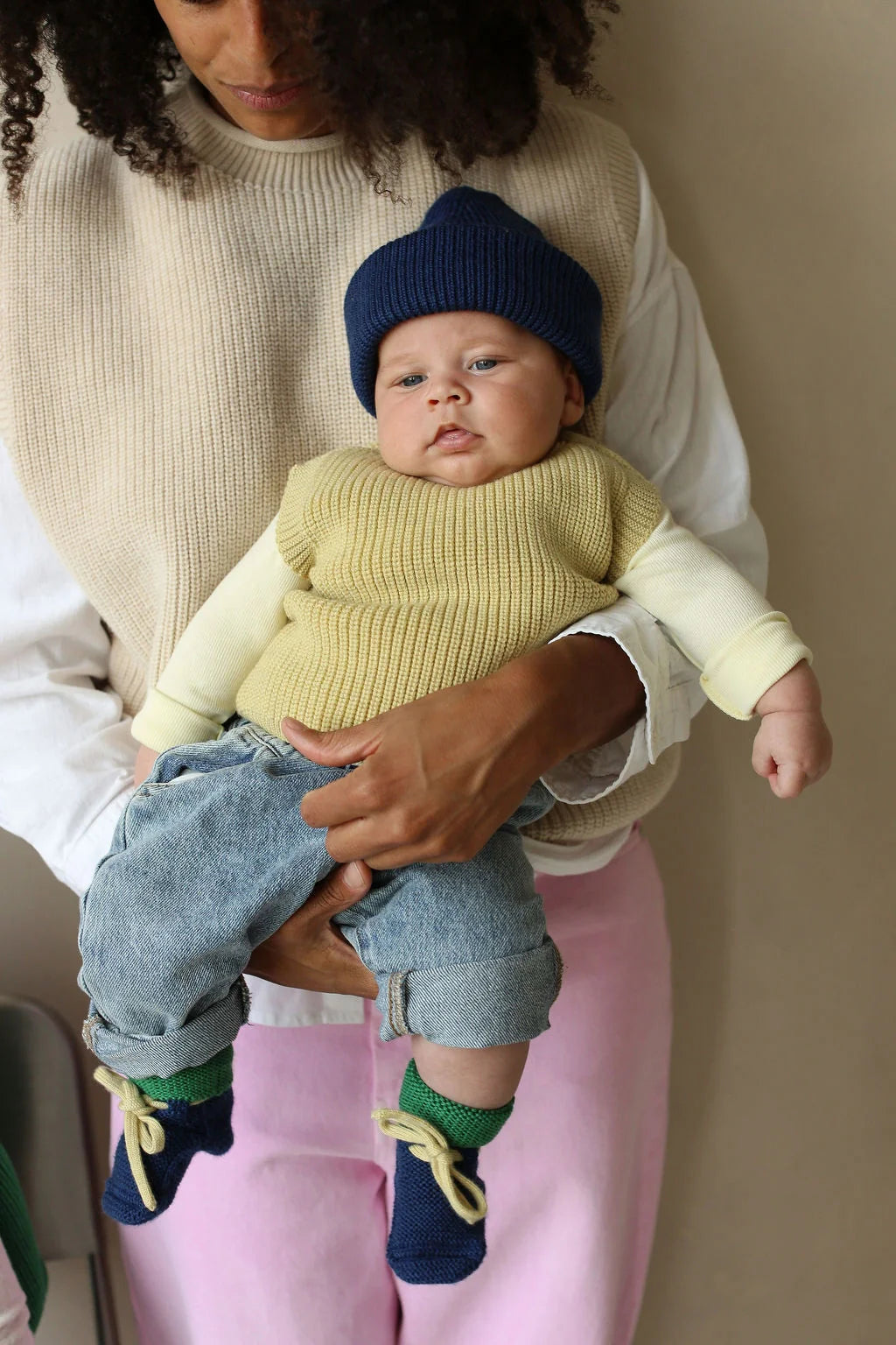 Bébé avec Chaussons de laine de mérinos Bleu, Herbe et jaune