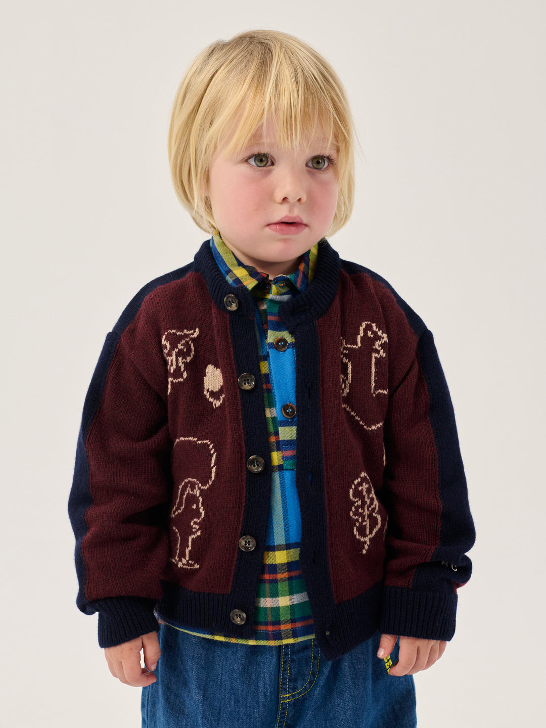 Bébé avec Cardigan Bobo Choses bourgogne et bleu avec motif forêt