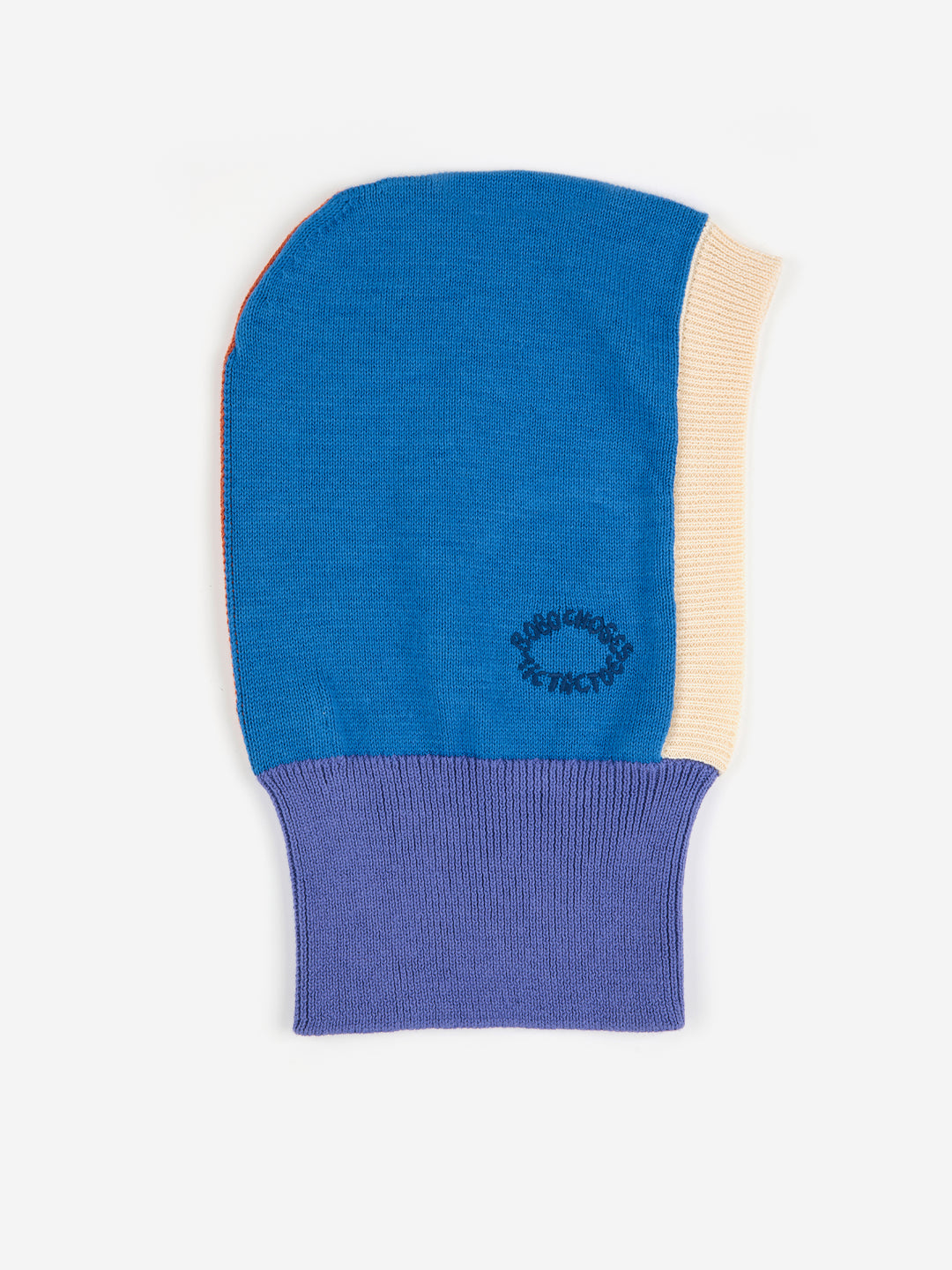 Balaclava Bobo Choses tricotée en coton bleu, violet et crème 